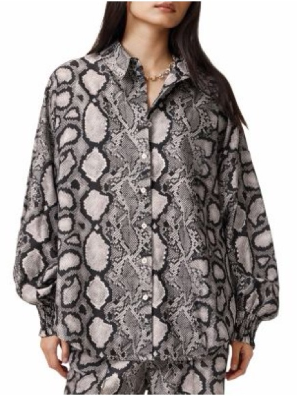 AllSaints Oversized Snake-Print Button Down Charli Shirt Black White Gray